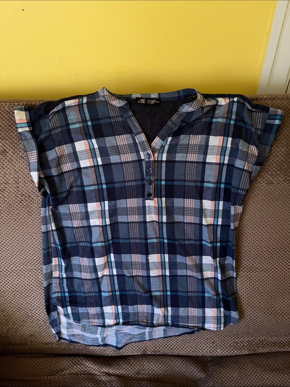 Navy and Blue Plaid Button-Front Blouse